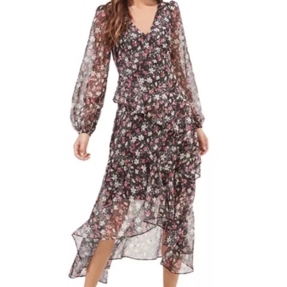 ASTR the‎ Label Fairfax Womens Floral Ruffled Tiered Midi Dress sz Medium